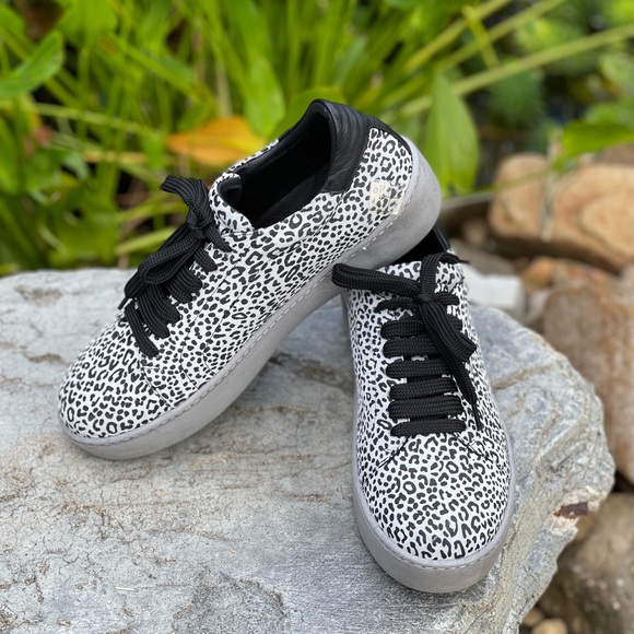 Bueno Shoes - Bueno Real White Leopard Black Leather Sneakers Euro 41 US 10-10.5 NIB